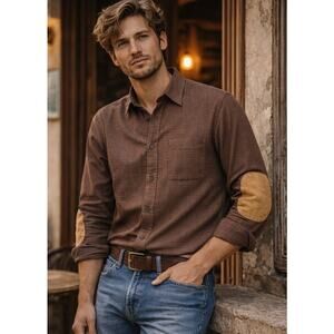 Vintage Firethorn Mens Leather Elbow Patches Button Down Shirt XL Brown Heritage